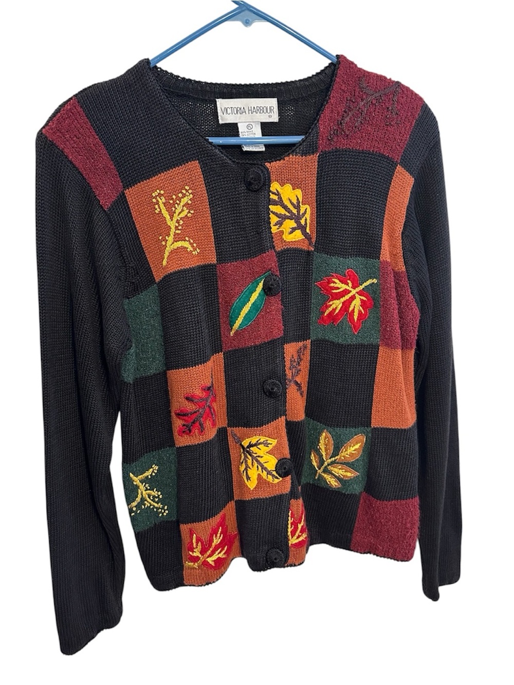 Embroidery Leaf Cardigan Sweater Fall Cottage Patchwork Cotton Ramie Sz PL